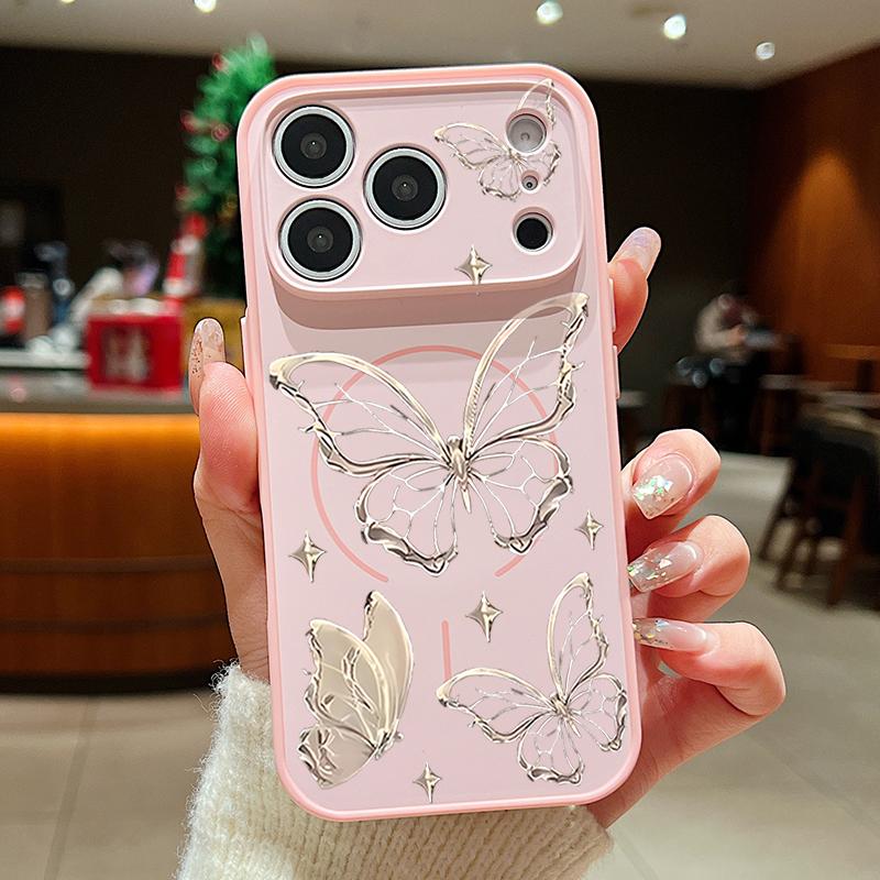 Gold Butterfly Pattern Magnetic Phone Case For iPhone 17 Pro Max 16 15 14 13 Pro Max For Magsafe Wireless Charge Hard PC Cover iPhone 14
