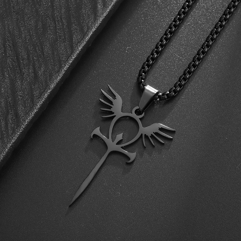 Stainless Steel Glossy Ankh Angel Wings Sword Pendant Necklace for Men Medieval Classic Mythical Amulet Jewelry Gift