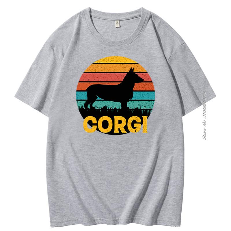 Funny Corgi Vintage Retro Sunset Silhouette Gifts Dog Lover Dog Owner Essential Cotton Tshirt Summer Harajuku Streetwear