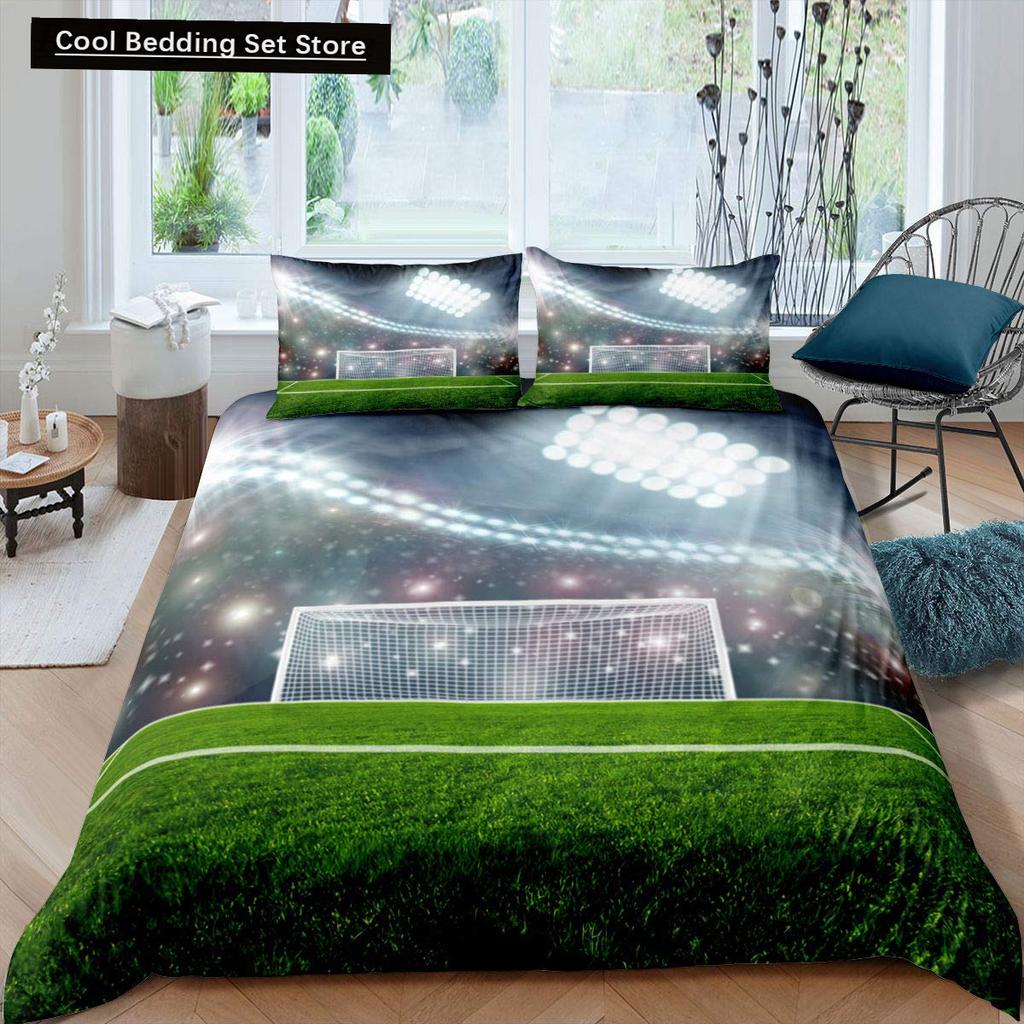 Husă de Plapumă Verde Teren de Fotbal King Queen Husă de Plapumă Teren de Fotbal Set de Lenjerie de Pat pentru Băieți Bărbați Jocuri Sportive Husă de Plapumă Poliester