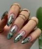 Floral Green Plaid Gradient Press-On Nails: Chinese Niche Style