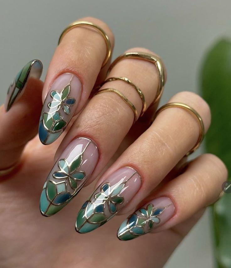 Floral Green Plaid Gradient Press-On Nails: Chinese Niche Style