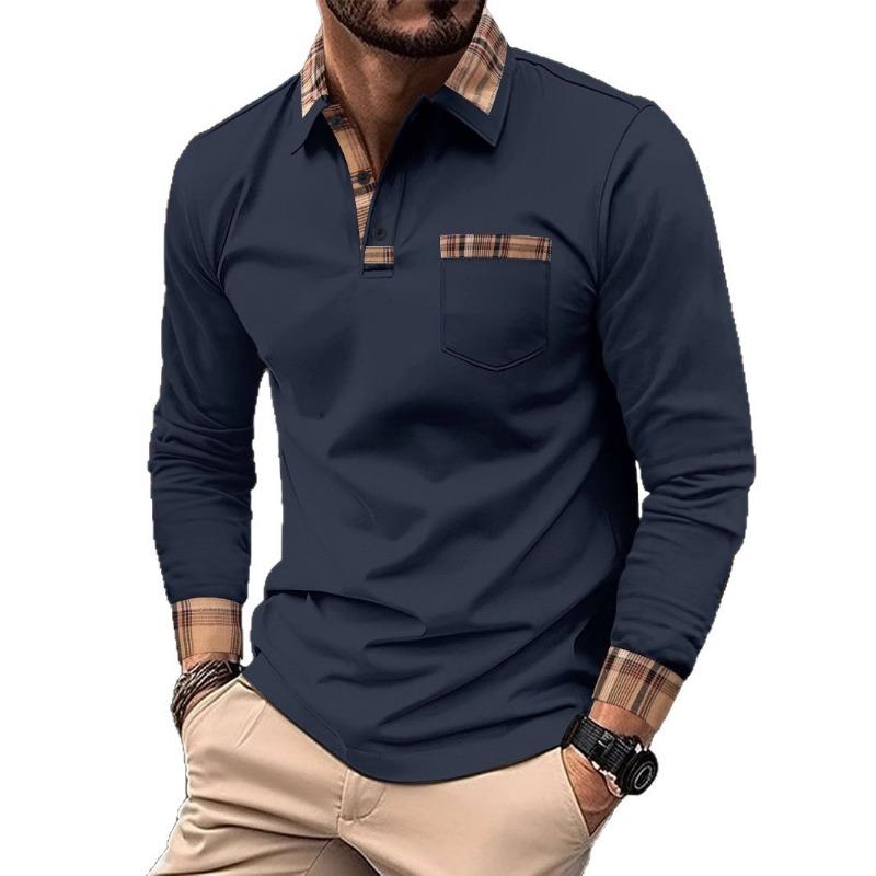 

Men s Casual Turn Down Collar Plaid Patch Pocket Polo XXXL темно-синього кольору
