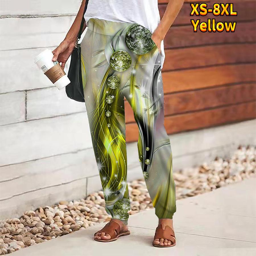 Women Diamond Printing Pants Lace Up Elastic Waist Loose  Trousers Casual Long Pants Trousers with Pockets