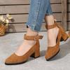 Autumn New Thick Heels Women's Brown One-line Buckle Shallow Mouth Woman Single Pumps Suede Large Size Work Shoes