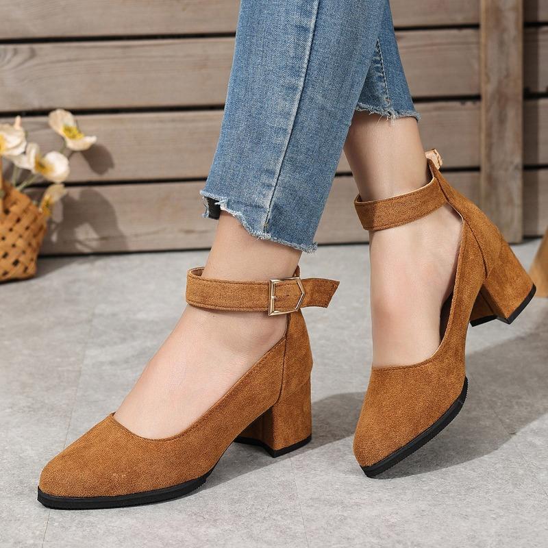 Autumn New Thick Heels Women's Brown One-line Buckle Shallow Mouth Woman Single Pumps Suede Large Size Work Shoes