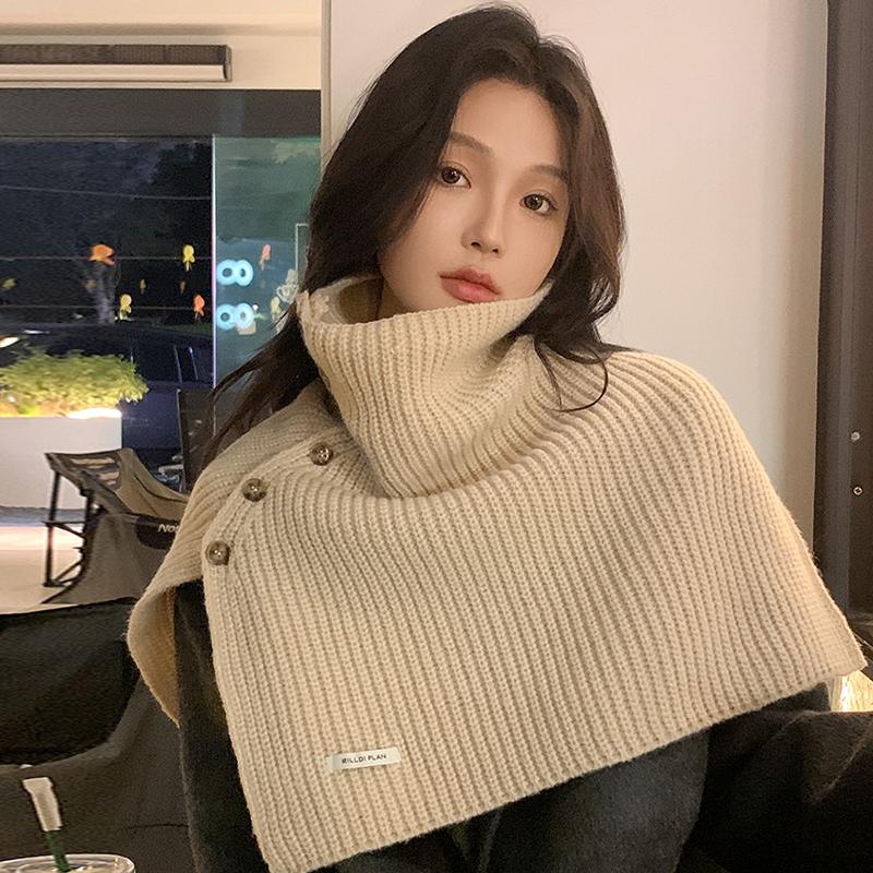 Button Scarf Women Autumn Winter Korean Style All-Match Warm Neck Cover Outer Wear Split Knitted Scarf