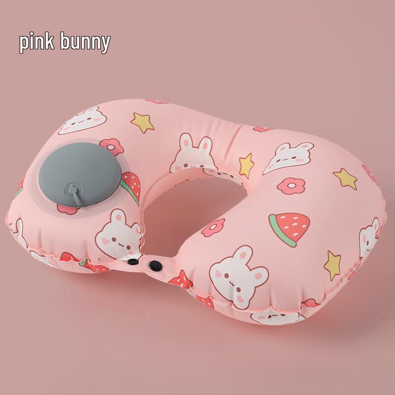 Ice Silk Pink Rabbit Inflatable Neck Pillow Travel Set - 2 Pack