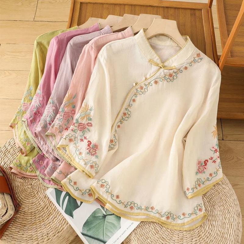 Damenhemd Frühling Herbst Stickerei Baumwolle und Leinen Damenbluse Chinesischer Stil Koreanische Version Lady Retro Oberteile