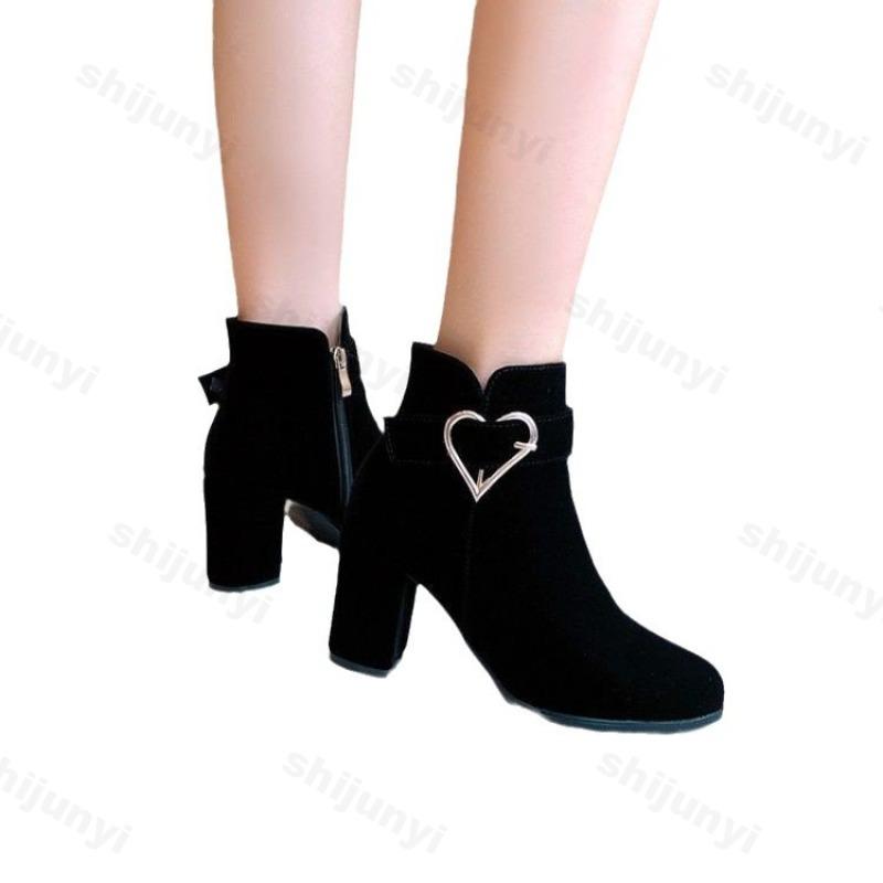 Fashion Women Short Boots Side Zippers Autumn Winter Red Hollow Out Heart-shaped Metal Decoration Wedding Shoes Plus Size High Heels