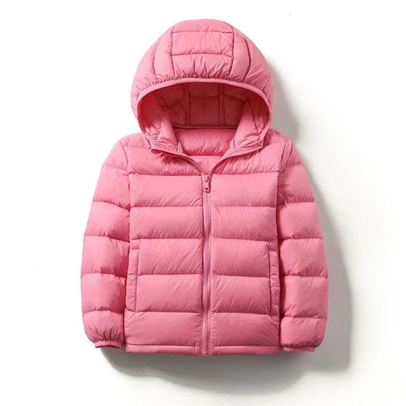 Children's Lightweight Hooded Down Jacket - Solid Color, Winter Style, 90% Down, Medium & Large Sizes