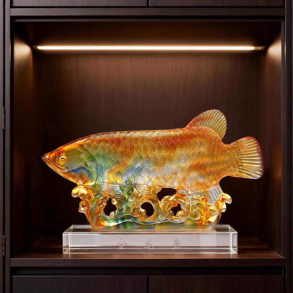 Aris & Juno Ancient Method Liuli Golden Dragon Fish Ornament, 15.7" Handcrafted Feng Shui Decor, Fortune-Bringing Chinese Style Office Decor,