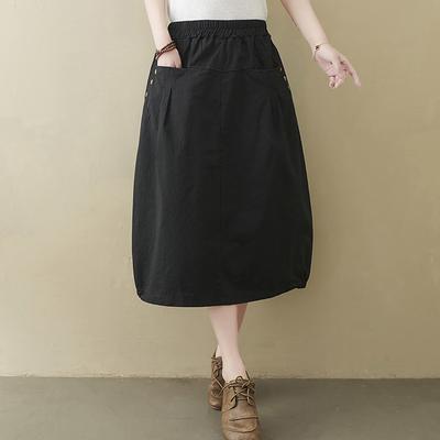 2025 Winter New Temperament Cotton and Linen Solid Color Skirt Elastic Waist Pocket Bud Skirt Medium and Long A-shaped Skirt