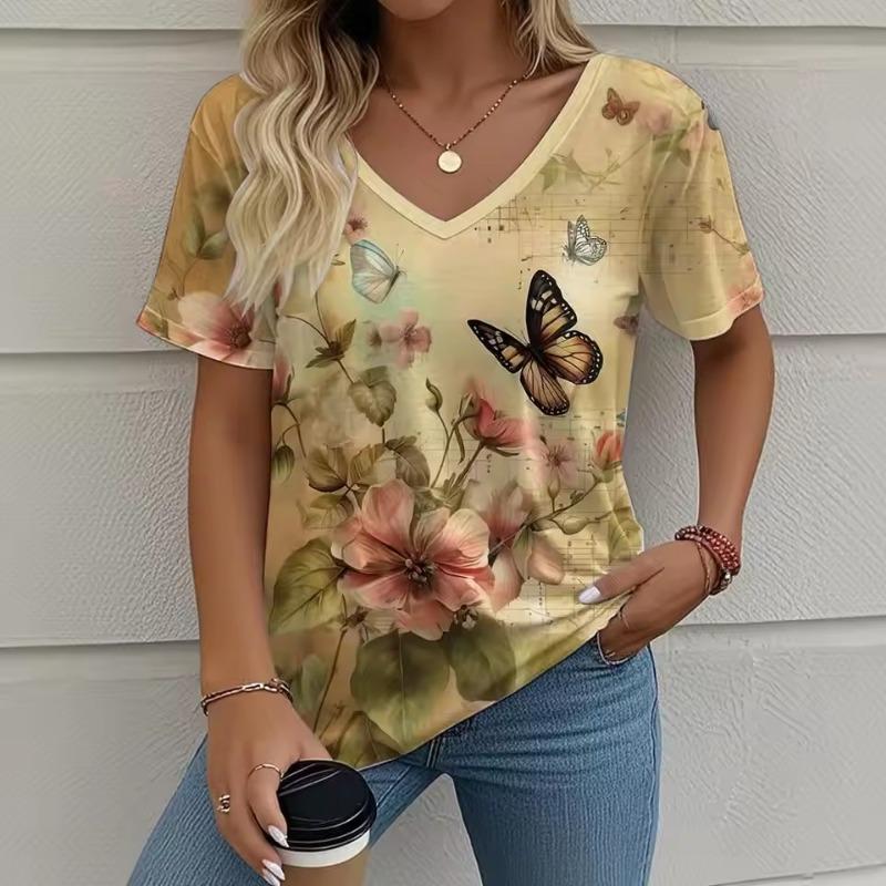 

Летняя женская футболка с коротким рукавом, с цветочным принтом в стиле Харадзюку, для улицы, повседневная, с V-образным вырезом, пуловер, свободная, оверсайз 5XL