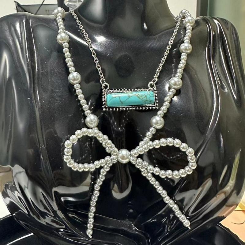 Practical Imitation Pearls Bowknot Necklace Western Styles Turquoise Jewelry for Women Cowgirl Fashion Accessory