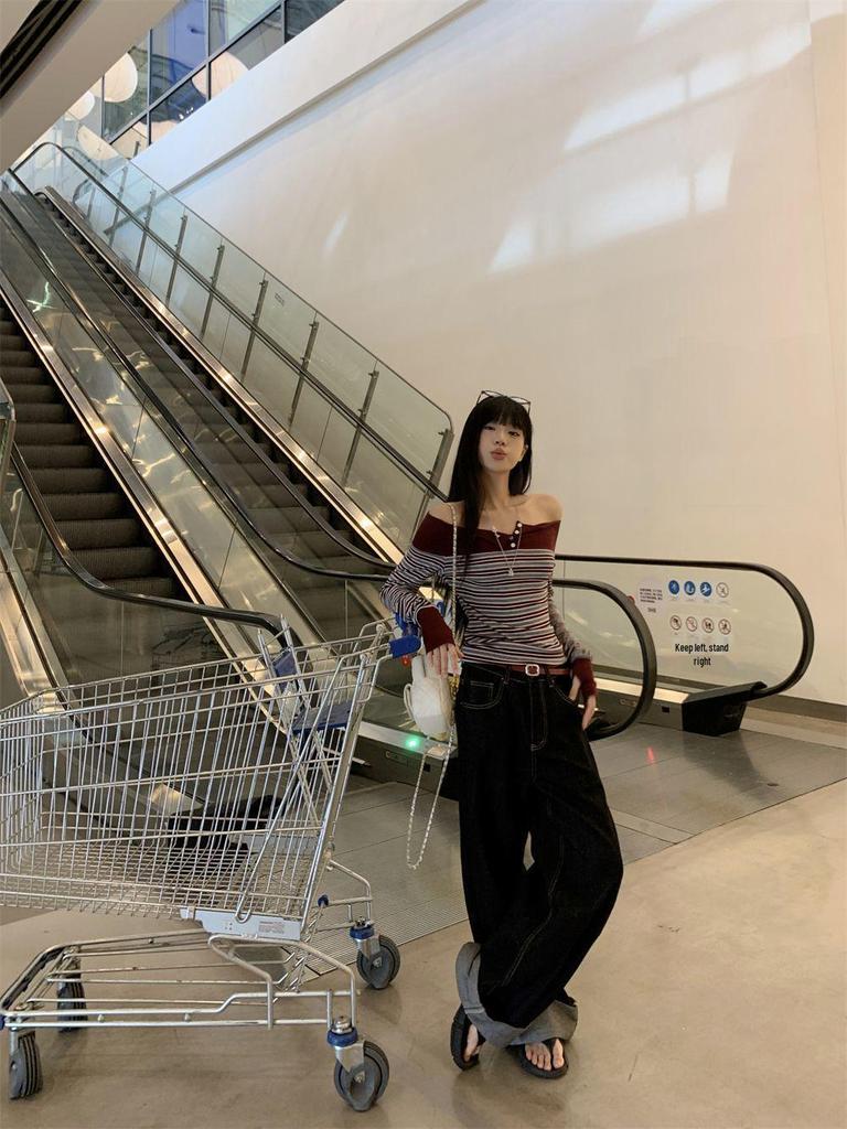 Retro Striped One-Shoulder Patchwork Slim Fit Long Sleeve Women's Top for Autumn 2025