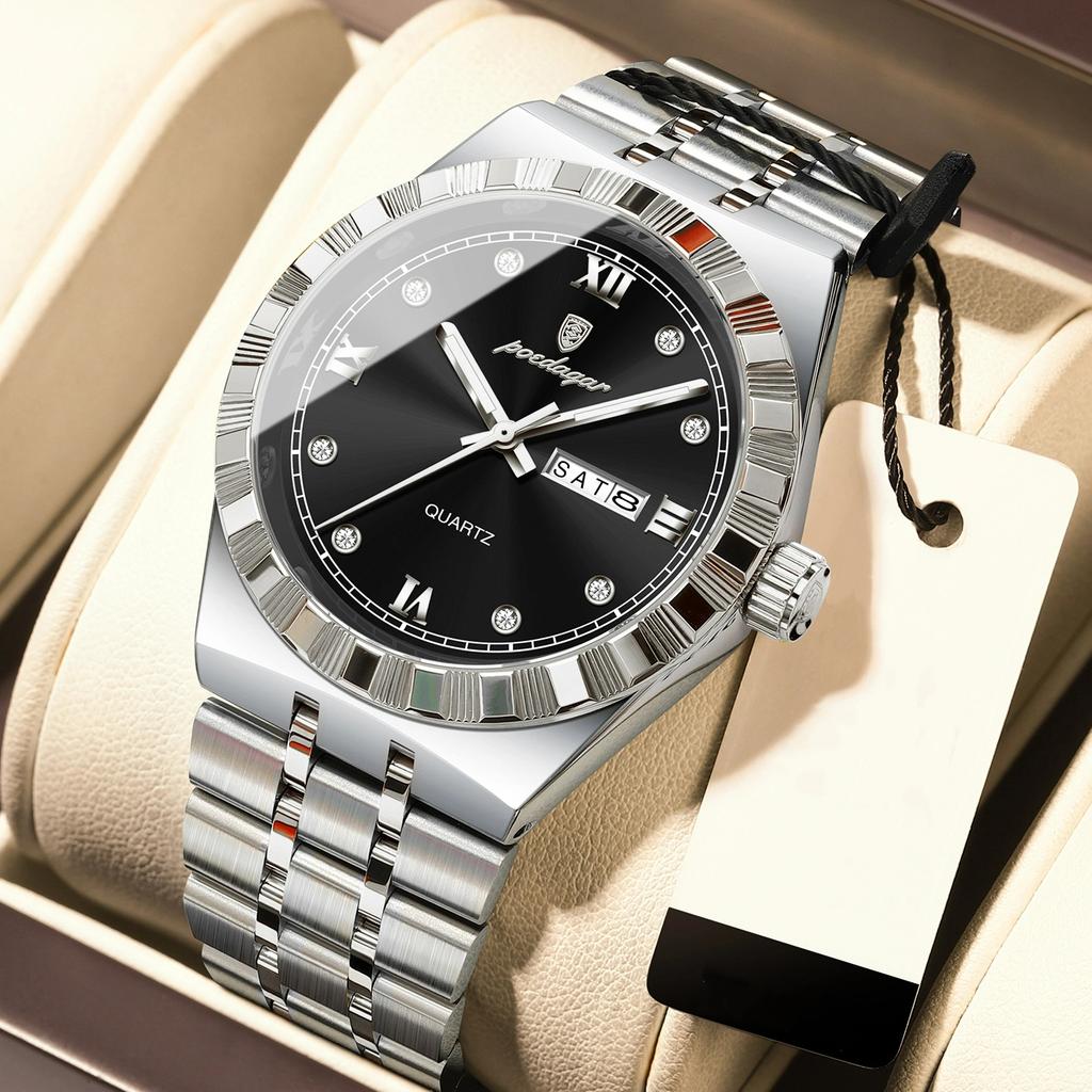 POEDAGAR Original Military Man Wristwatch Quartz Week Date Watch For Men Waterproof Luminous Stainless Steel Men's Watches
