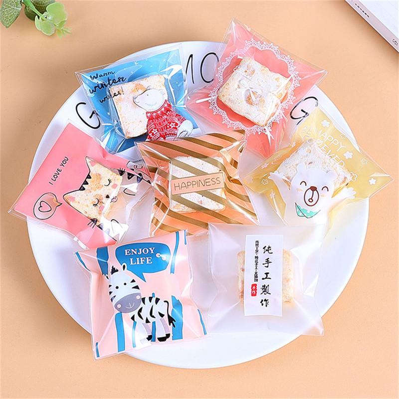 100Pcs 7x7+3cm Small Plastic Cartoon Self-Adhesive Bakery Packaging Cookie Snack Candy Bags Xmas Party Gift