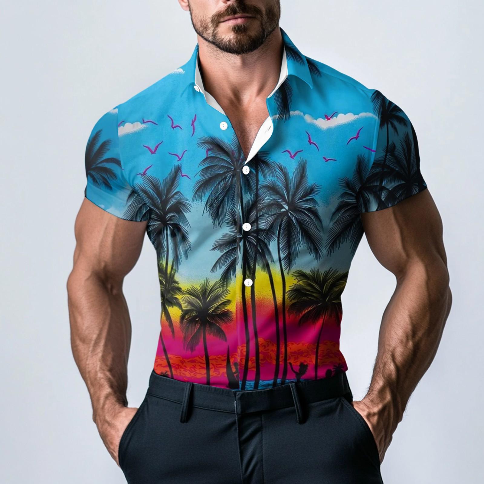 

Мужская модная атласная рубашка с коротким рукавом с принтом L синий