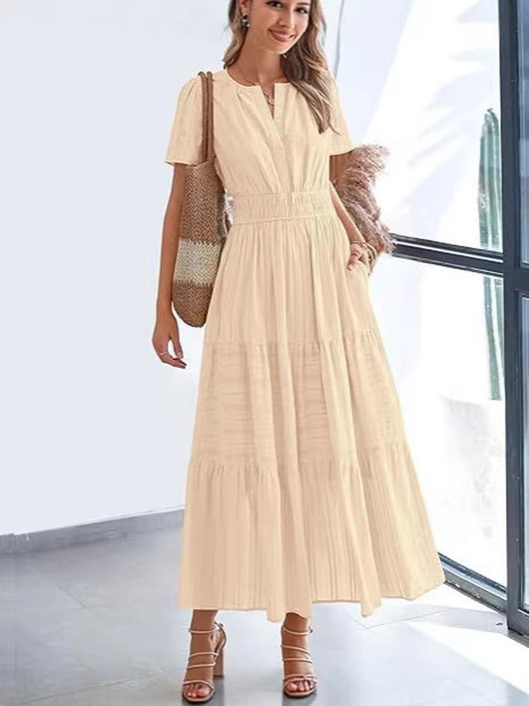 Spring/Summer Women's Fashion V-Neck Ruffled Bubble Sleeve Layered Maxi Dress for Women