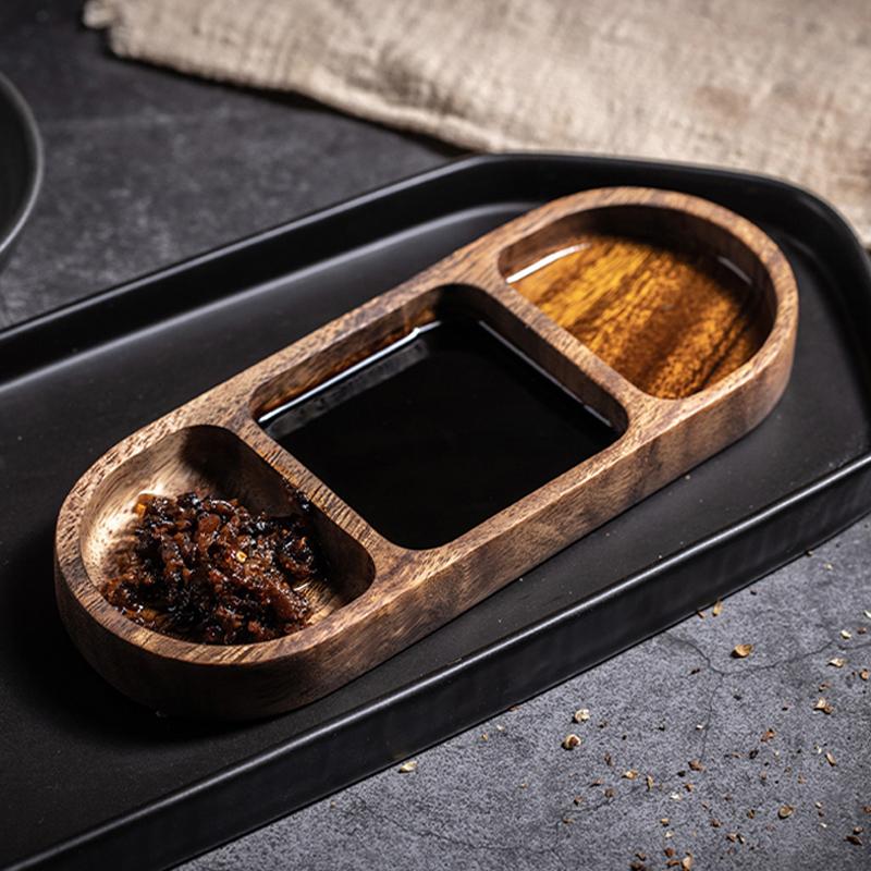 3-Compartment Wooden Plate Small Japanese Sushi Plate Wood Nuts Snacks Serving Tray Sauce Dish Appetizers Plat for Restaurant