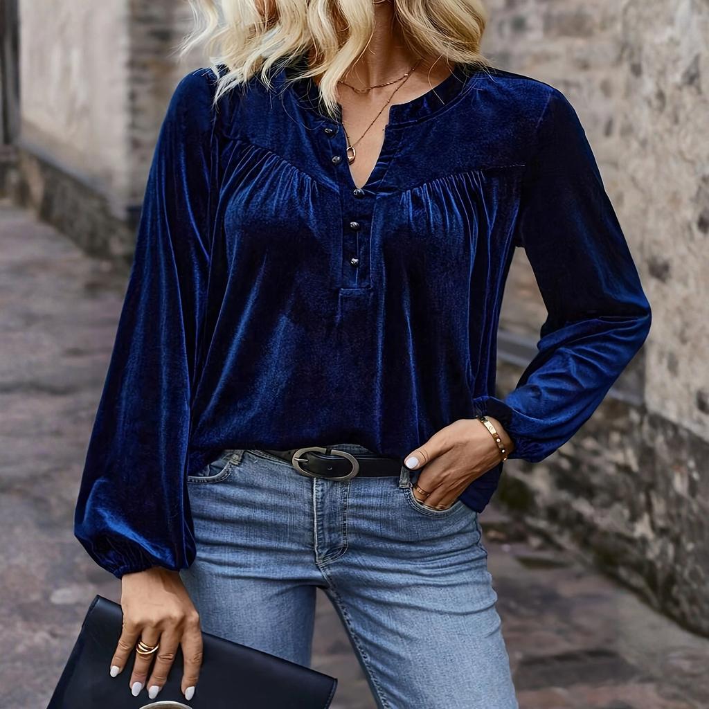 Women's Color V,Neck Casual Elegant Button Long,Sleeve Blouse