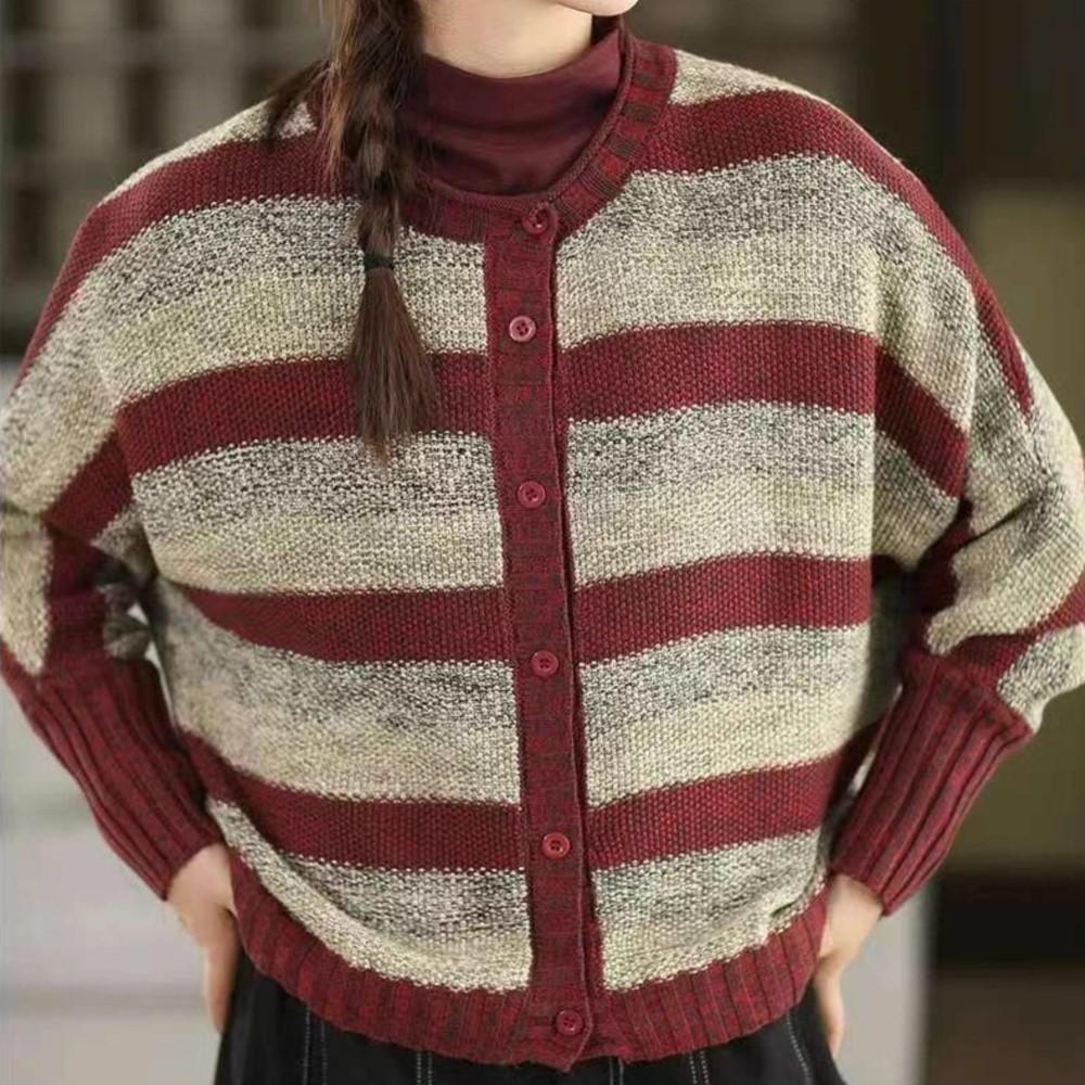 Johnature Women Vintage Striped Sweaters O-Neck Long Sleeve Button Autumn Knitted Casual Female Soft Sweaters