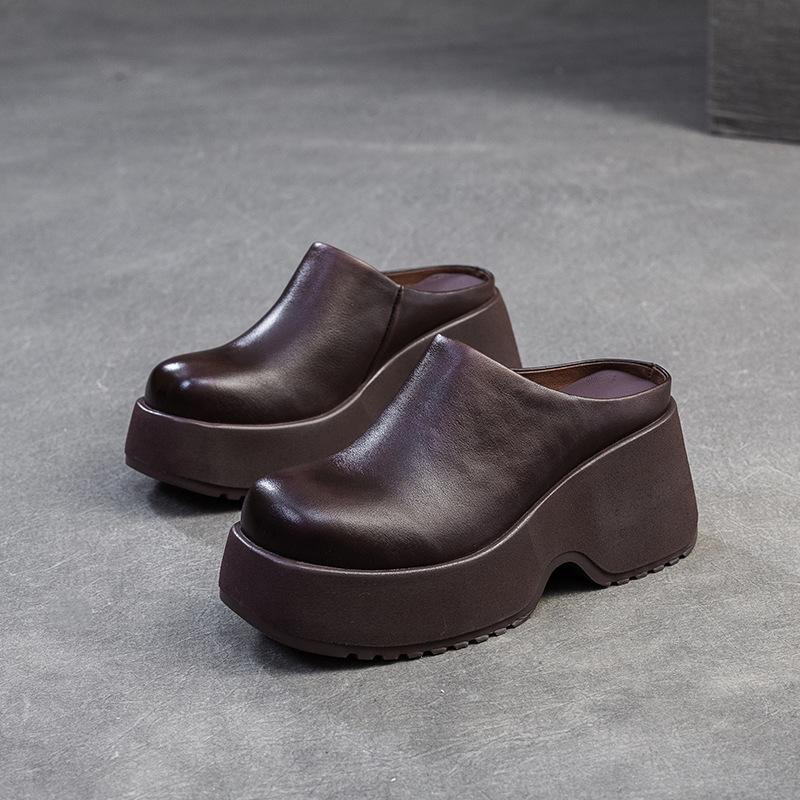 Johnature Thick Soled Wedges Slippers Retro Genuine Leather Solid Color Women's Platform Shoes