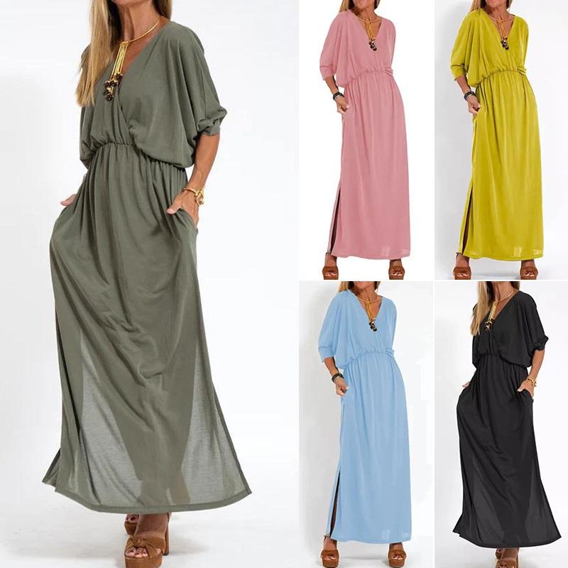 European And American Summer New Products Solid Color High-waist Split V-neck Dress Loose Casual Waist Belt Ice Silk Long Skirt
