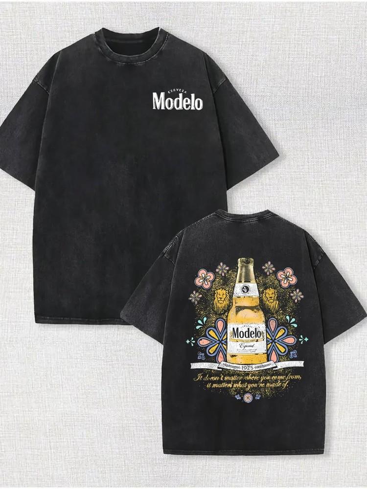 Loose Fit Cotton Double-Sided Washed T-Shirt  Vintage Beer & Floral PrintShort Unisex T-Shirt XXXXL
