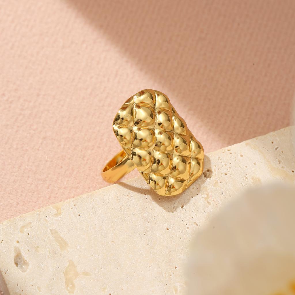 Golden Plated Quilted Textured Open Adjustable Ring for Women Luxury Statement Jewelry Gift