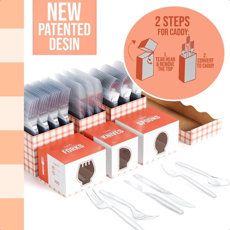 Utensil Caddy Organizer with Clear Plastic Forks and Spoons and Knives Gingham Kitchen Utensil Holder for Party with 3 X 100 Pl