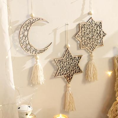 Ornements en bois étoile et lune chauds Ornements suspendus en bois pour le Ramadan avec pompons Décoration d'arrière-plan pour photographie Décor mural pour la maison