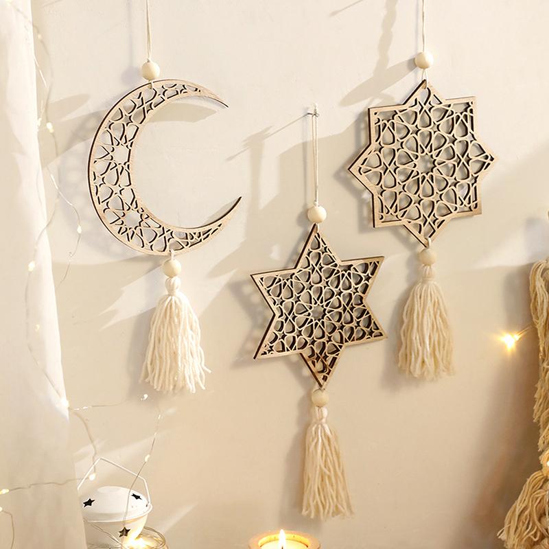Warme Stern Mond Holzornamente Holz Ramadan Hängeornamente mit Quasten Pography Hintergrund Dekoration Heim Wanddeko