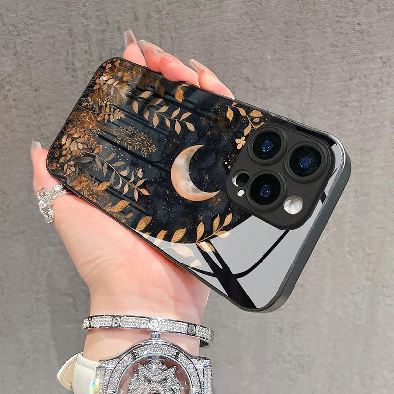 Minimalist Grass Jungle Moon Pattern Tempered Glass Phone Case For iPhone 16 15 14 13 12 11 17 Pro Max 16E 7 Plus XR XS X Cover