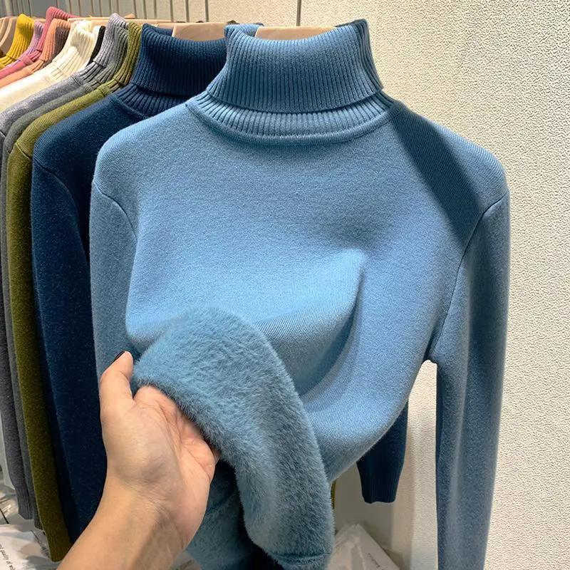 WTEMPO Rollkragenpullover Einfarbig Langarm Beiläufige Gestrickte Pullover Frauen Herbst Winter Plüsch Verdickte Jumper Warme Bodenbildung Strickwaren