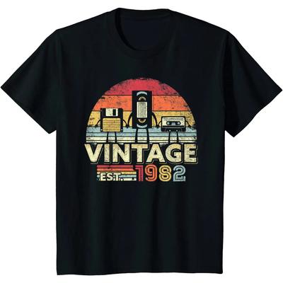 T-shirt Vintage 1982 Cadeau d'Anniversaire Drôle Humour Musique Tech pour Hommes Harajuku Quatre Saisons Coton Quotidien