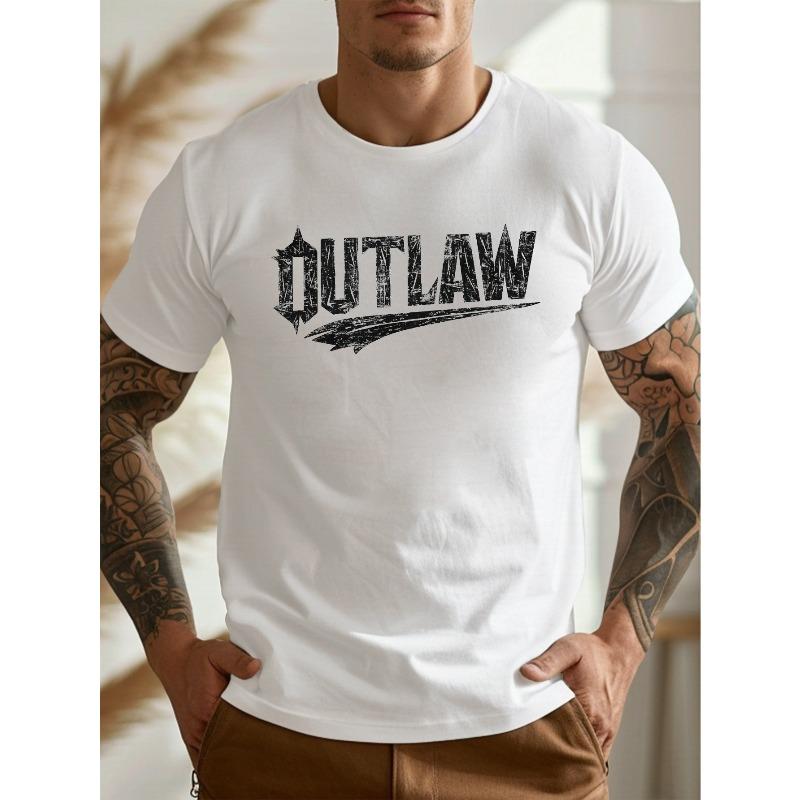 European sizes  Men's Summer T-shirt, OUTLAW Edgy Bold Font Graphic Print Short Sleeve Tees, Trendy Casual Tops For Daily Life