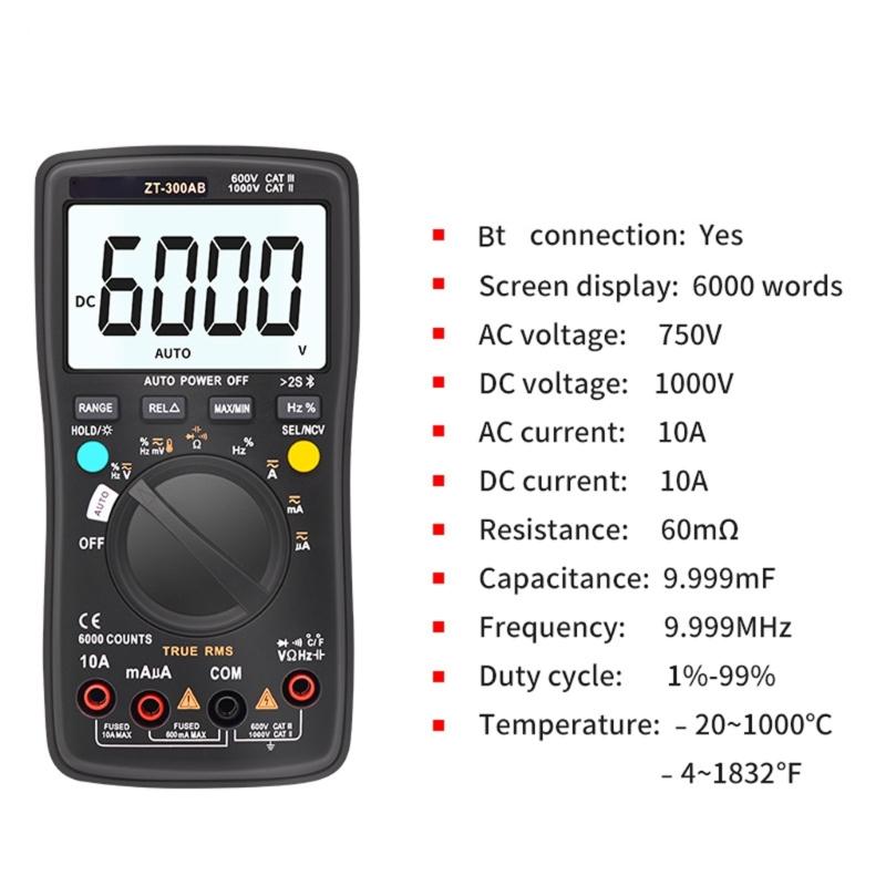 Wireless Connection Digital Multimeter Auto Ranging Tester Measure Voltage Current Resistance with True RMS Accuracy