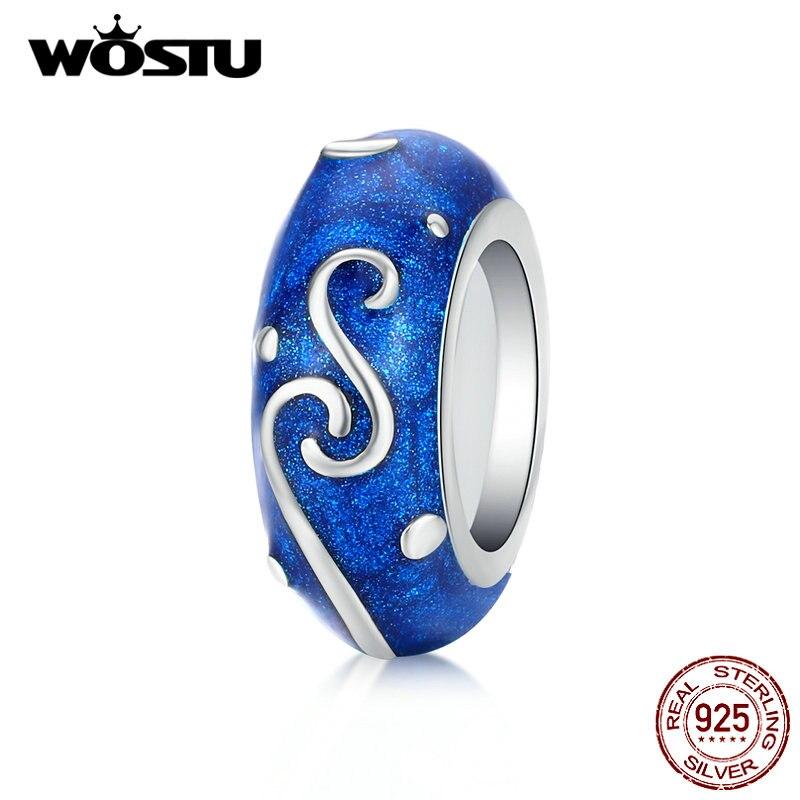WOSTU Ekte 925 Sterling Sølv Stjerneklar Himmel Blå Stopper Silikon Mellomleggsperler Passer Original Armbånd