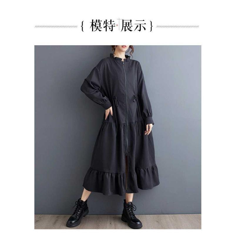 New Loose Retro Fashion Pleated Splicing Mid-Length Zipper Style Dresses