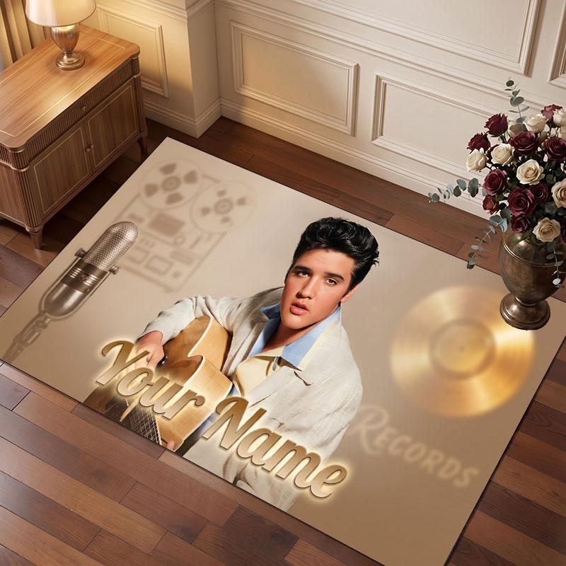 Elvis Presley Kişiselleştirilmiş Kristal Kadife Halı, Oturma Odası Yatak Odası İçin Özelleştirilmiş İsim Metinli Yumuşak Kaymaz Halı