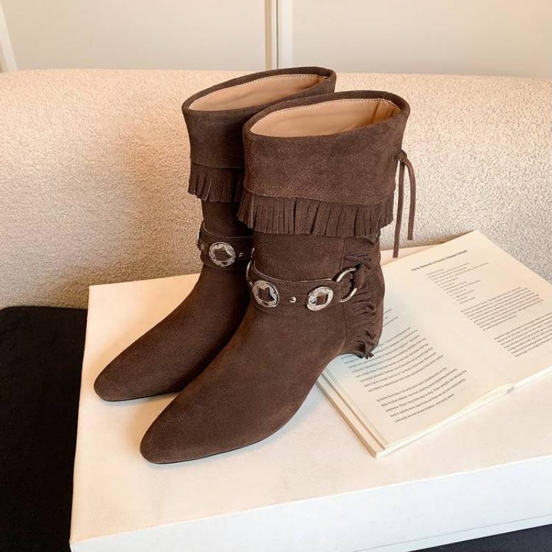 Autumn and winter women's leather boots sleeve medium heel large size women's boots rubber soft sole leather low boots women's versatile Martin boots