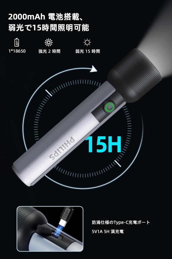 Philips LED COB High Brightness 400 5 Dimming Low Battery IP44 Handy 18650 Ideal for Emergency Power and Nighttime Walks Flashlight, Lumens, Modes,