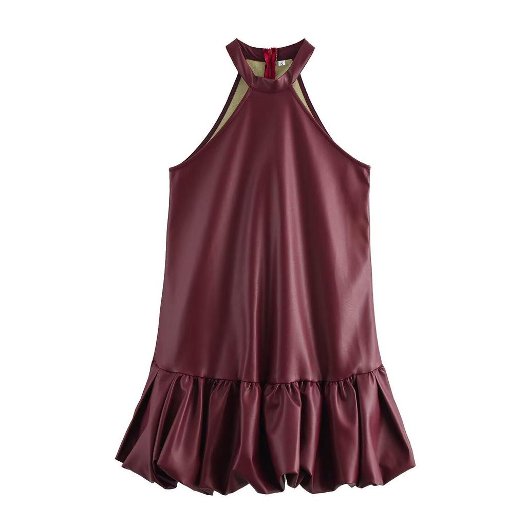 European & American Style 2025 Spring Women's Sleeveless PU Halter Dress
