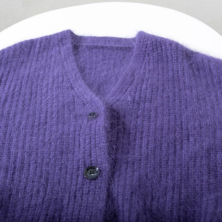 European & American Style Purple Faux Mink Velvet V-Neck Long-Sleeve Knitted Cardigan Sweater