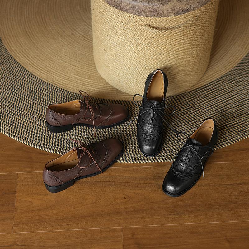 Krazing Pot Cow Skin Autumn Winter Brogues Shoes Lace Up Low Heels Size 42 Round Toe Oxford Shoes Carving Decoration Pumps