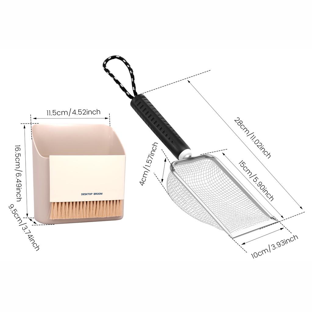 Stainless Steel Cat Litter Scooper Set with Small Broom and Dustpan Clean Non-Stick Shovel For Small Pets or Reptile Sand Waste