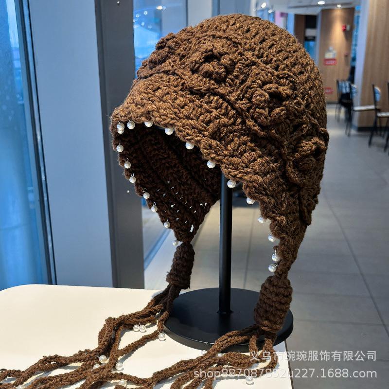 Street shot concave shape handmade three-dimensional crochet pearl wool hat girls light hollow fringed braid pullover hat