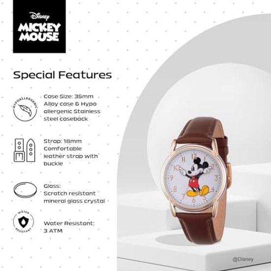 DISNEY Womens Mickey Mouse Analog-Quartz Watch Leather-Synthetic Strap Brown 18 (Model W002756)